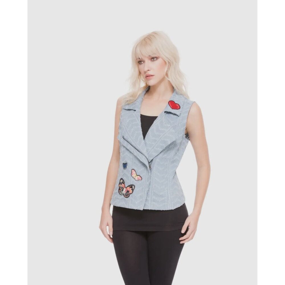 Women Denim Vest Cotton Blue Size M Full Zip Collared Patches Heart Butterfly 1